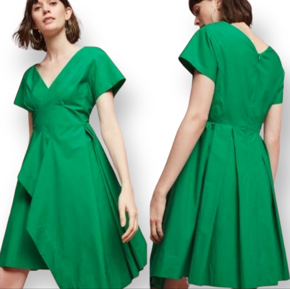 Anthropologie Maeve Seamed Poplin Emerald Green Origami Dress with Pockets